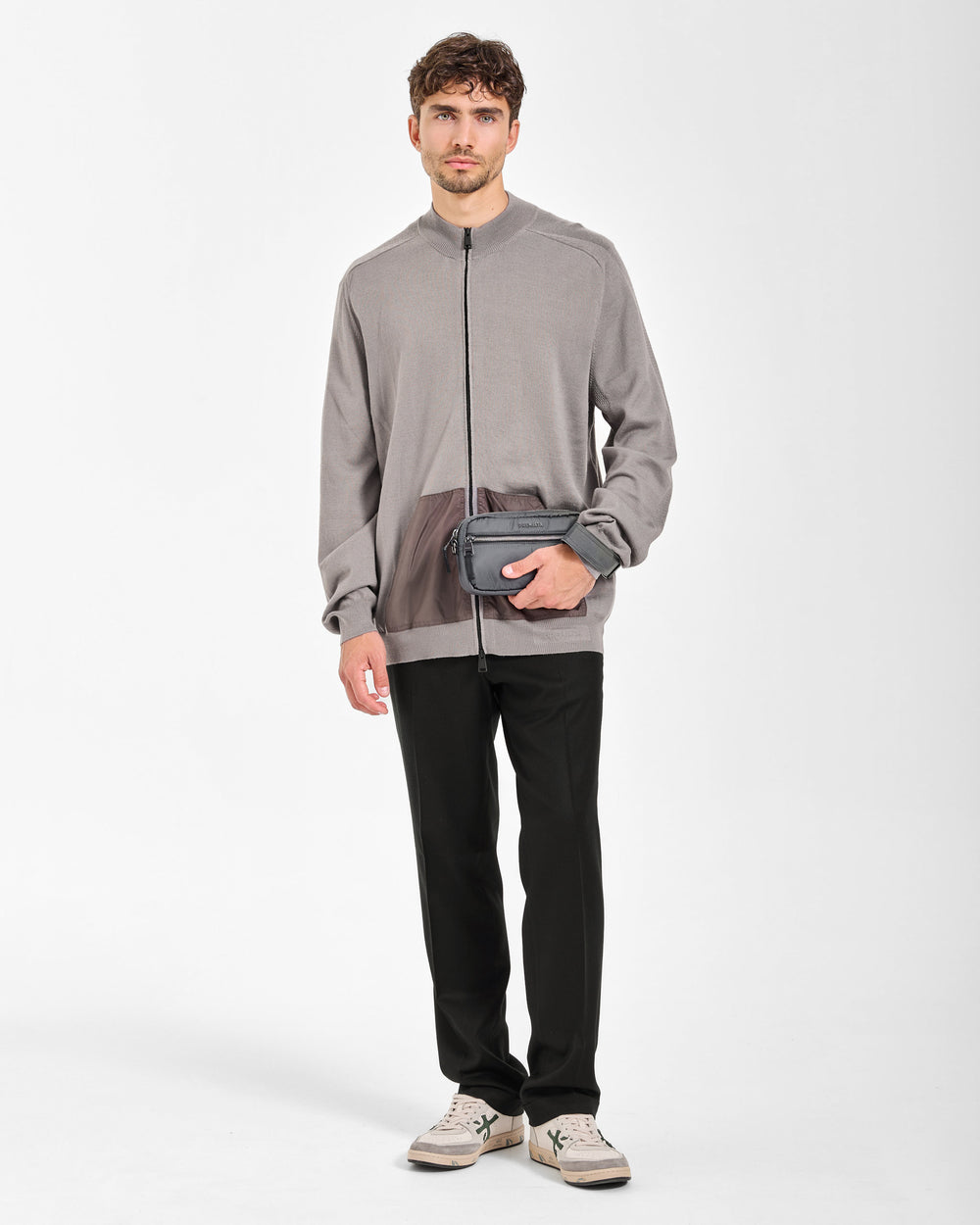 Taupe Full-Zip Wool Sweater